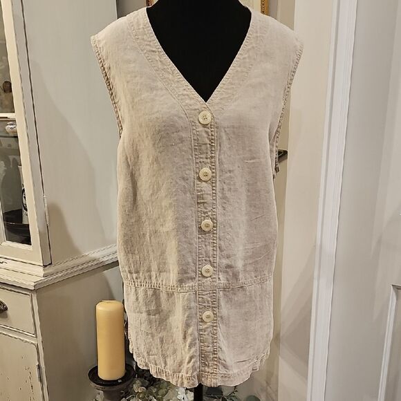 TALBOTS Irish Linen Neutral Buttoned Tunic Vest Sz L Closet Staple Lagenlook - Picture 1 of 6